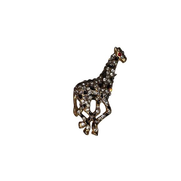 Vtg Clear Rhinestones & Black Enamel Giraffe Brooch Pin Red Eyes Women Jewelry - Picture 3 of 4